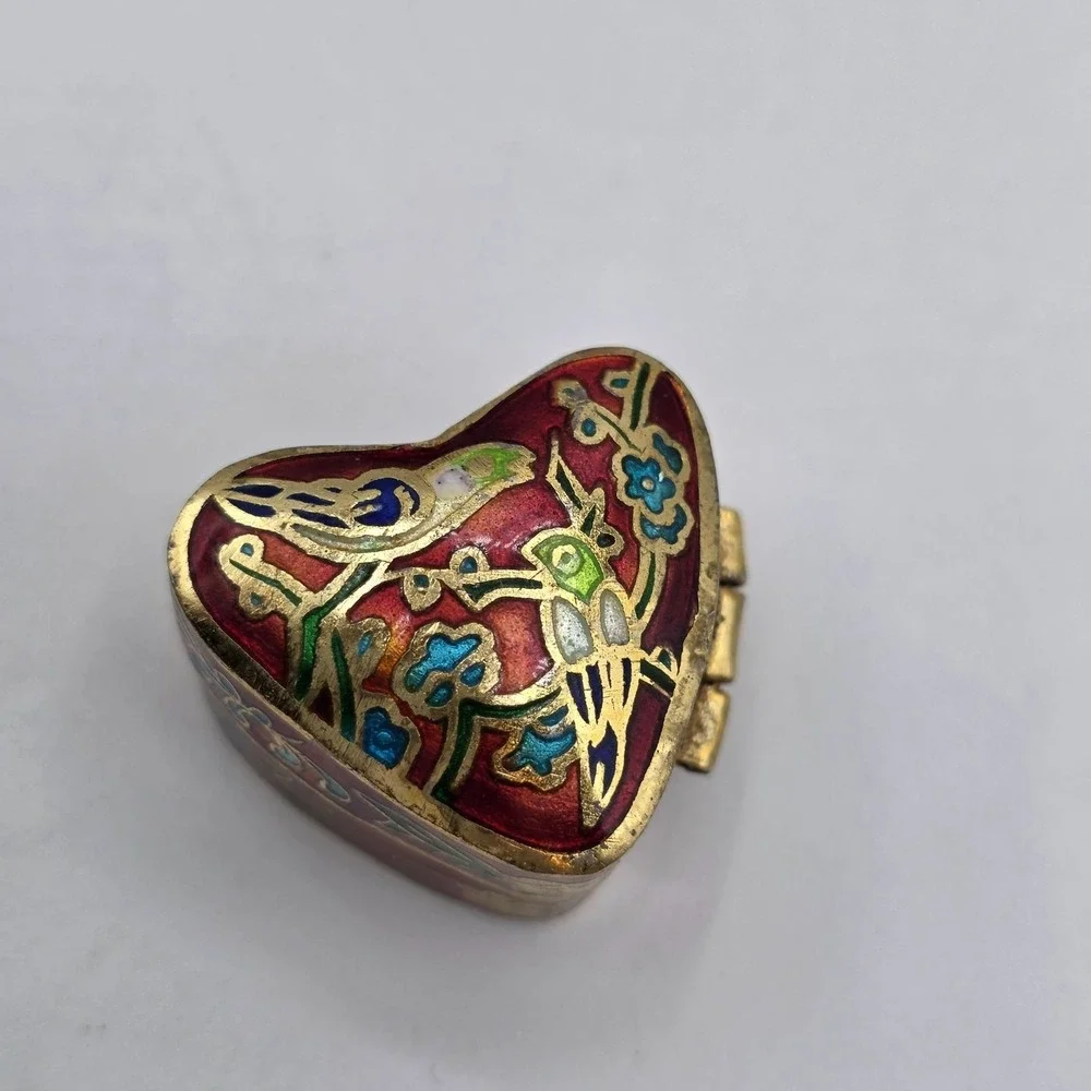 Heart Shape‎ Cloisonne Trinket Pill Box Red Blue Bird Floral Enamel Gold Trim